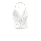Purpdrank  Sexy White Satin Bow Halter V neck Open Hook Buttons Slim Tank Top Women Cross Lacing Up Bandage Back Backless Tee Summer Vest