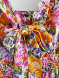 Purpdrank  Sexy Colored Flower Print Tide Bow V neck Mini Sling Dress Women Slim Elastic Waist Party Skater Short Sling Robe Holiday