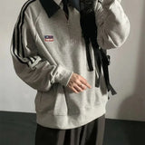 Purpdrank  American Style Vintage Autumn Winter Sweatshirts Women Lapel Patchwork Half Zipper Label Preppy Style Long Sleeve Loose Hoodies