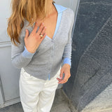 Purpdrank  Fake 2 Piece Knitted Cardigans Y2k Preppy V-neck Layered Collar Patchwork T-shirt Front Button Closure Slim Fit Cropped Sweater