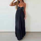 Purpdrank  Fashion Off Shoulder Hollow Guest Dress Leather Patchwork Pleated Evening Dress Sexy Lady V-neck Sleeveless Suspender Long Dress