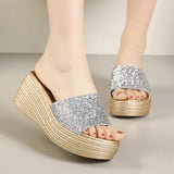 Purpdrank  Luxury Sequins Band Open Toe Slippers Women Fashion Wedge Thick Platform Sandals Woman Plus Size Daily High Heel Slides Mujer