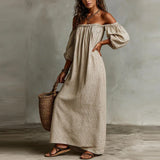 Purpdrank  Bohemian Off Shoulder Puff Sleeve Long Dresses Woman Spring Striped Print Loose Maxi Dress Summer Hollow Pocket Beach Dress