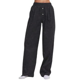 Purpdrank  y2kPants Women Clothes Solid Color/Striped Elastic Waist Wide Leg Loose Trousers with Buttons Decor 2000s Streetwear