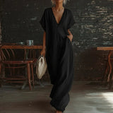 Purpdrank  Comfy Loose Fit Linen Cotton Maxi Dress Women Elegant V Neck Lace Trim Casual Dress Spring Summer Short Sleeve Pocket Boho Dress