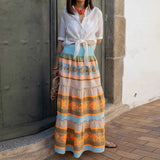 Purpdrank   Spring Summer Vacation Loose Long Skirt Elastic High Waist Hem Bohemian Women's Skirt Vintage Pattern Printed Pleated Half Skirt