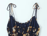 Purpdrank  Summer Holiday Navy Blue Floral Print Bow Lacing Up Strap Sling Dress Women Elastic Back Ruffles Hem Short Dresses Vestidos Robe