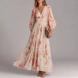 Purpdrank  Spring Women V Neck Floral Print Long Sleeve Party Dress Ladies Commute A-Line Pullover Pleated Dress