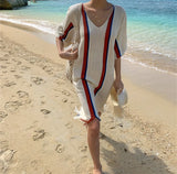 Purpdrank  Summer Bohemian Knitted Women's Tassel Dresses Female Straight V-Neck Short Sleeve Beach Sundress Dress