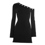 Purpdrank  Sexy Hole Sequined Black Gothic Autumn Dress for Women 2025 New Fashion Slim Skew Collar Long Sleeve Mini Causal Y2K Dress