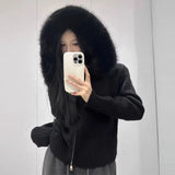 Purpdrank  Korean Chic Autumn Winter Versatile Casual Big Fur Collar Zipper Sweater Jacket Hooded
