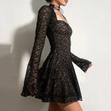 Purpdrank  Elegant Fashion Sexy Lace A-Line Dress See Through Dark Bandage Backless Square Collar Long Sleeve Mini Dresses For Women