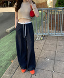 Purpdrank  Vintage Striped Women's Wide Leg Pants 2025 New High Waist Lace Up Patchwork Casual Loose Trousers for Womens
