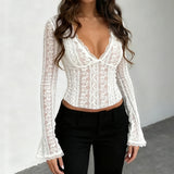 Purpdrank  See Through Sexy Lace T-Shirt Elegant Fashion Slim-Fitting Deep V-Neck Long Flare Sleeve Tees Women Layering Tops Y2K Streetwear