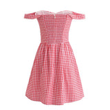 Purpdrank  Holiday Plaid Print Off Shoulder Mini Dress Retro Women Short Sleeve Low Waist Ruched Hem Ball Gown Swing Mini Robe Party