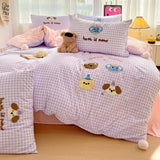 Purpdrank  Washed Cotton Towel Embroidered Bedding Set Soft Skin-friendly Duvet Cover Set Single Couple Quilt Cover Pillowcases Bed Linens