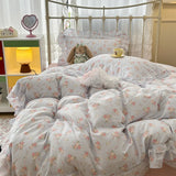 Purpdrank  French Floral Ruffles Princess Bedding Set Double Layer Yarn Pure Cotton Duvet Cover Set Pillowcases Flat/Fitted Bed Sheet 4Pcs