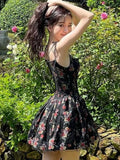 Purpdrank  Sexy Women Black Flower Print Spliced Mesh Bra Corset style Mini Dress Slim Waist Party Skater Bow Lacing up Sling Robe