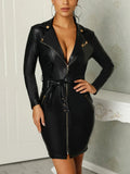 Purpdrank  Long Sleeve Package Hip Zipper Dresses Black Leather Dress PU Dress Women V-neck Bodycon