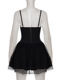 Purpdrank  Gothic Black Bow Spaghetti Strap Dress Women Fashion Ruched V Neck Sleeveless Mesh Patchwork A Line Mini Dress Clubwear