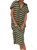 Purpdrank  Women Dress Long Dresses Knitted Turn Down Collar Short Sleeve Print Striped Casual Loose Elegant Splice Summer Vestidos