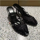 Purpdrank  Golden Narrow Band Design Brand High Heel Slippers Women Fashion Pointed Toe Thin Heel Slide Sandals Elegant Banquet Dress Shoes
