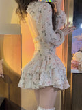 Purpdrank - Sweet Fresh Floral Print Chiffon Blusas Summer Backless Puff Sleeve Top Female+High Waist Ball Gown Mini A-line Skirts Woman Set