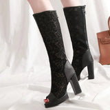 Purpdrank  Ladies Summer Boots Peep Toe Chunky Heels Lace Mesh Splice Big Size 33-43 Black Whiete Fashion Sexy S4036