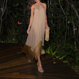 Purpdrank  Tassel Patchwork Irregular Long Dress 2026 Women Elegant Hanging Neck Solid Color Robe Dress Summer Off Shoulder Party Dresses
