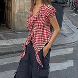 Purpdrank  Retro Red Checkered Shirt Top Women's Pleated Lace Up Bubble Sleeve Short Sleeved T-shirt