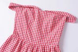 Purpdrank  Holiday Plaid Print Off Shoulder Mini Dress Retro Women Short Sleeve Low Waist Ruched Hem Ball Gown Swing Mini Robe Party