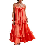Purpdrank  Beach Dresses y2k Women Solid Color Spaghetti Strap Sleeveless Swing Tiered Ruffled Long Dress Vacation Party Dresses