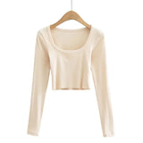 Purpdrank  Spring Solid Color Threaded Long-Sleeved T-Shirt Square Neck Slim Fit Hot Girl Top European American Fashion