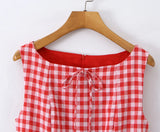 Purpdrank  Sexy Red Gingham Plaid Mini Sleeveless Dress Women Bow O Neck Zipper Back Low Waist Ruched Hem Swing Tank Dresses Vestidos Black