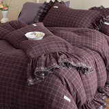 Purpdrank  Vintage French Large Ruffles Embroidery Wide Edge 100% Cotton Bedding Set Duvet Cover Flat/Fitted Bed Sheet Pillowcases 4Pcs