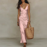 Purpdrank  Spring Summer Bohemian Beach Vacation Dress Sexy Deep V Neck Solid Satin Long Dress New Sleeveless Hollow Out Women's Maxi Dress