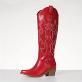 Purpdrank  Vintage Western Cowgirl Embroidered Knee-High Boots For Women Fashion Comfort Point Toe Chunky Heels Cowboy Long Booties Woman