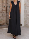 Purpdrank  Elegant Hight Waist Solid Color Vest Dress Fashion Draped Loose Long Party Dress Women Sexy V-neck Sleeveless Hollow Robe Dress