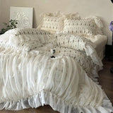 Purpdrank  100% Cotton Vintage French Rose Print Pleat Lace Ruffles Princess Bedding Set Duvet Cover Bed Sheet/Fitted Sheet Pillowcase 4Pcs