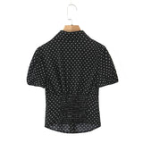 Purpdrank  Summer Vintage Black with White Polka Dot Print Laple Short Puff Sleeve Shirt Women Slim Waist Elastic Back Blouse Tank Top