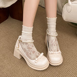 Purpdrank  Elegant Pearls Chain High Heels Mary Jane Shoes Women 2025 Bowknot Thick Heel Pumps Woman Round Neck Patent Leather Party Shoes
