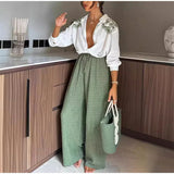 Purpdrank  Casual Print Pants Sets Women Loose Lapel Single Breasted Long Sleeve Shirts Solid Wide Leg Pant 2025 Summer Lady Elegant Outfit
