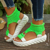 Purpdrank  Sandals Women Braided Geometric Wedge Knitted Elastic Summer Shoes Mesh Flat Sandals Hollow Out Female Sandals Mujer