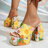 Purpdrank  Fashion Flower Print Chunky Heel Sandals Women Outdoor Party Super High Heels Slippers Woman Square Toe Platform Sandles 36-42