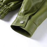 Purpdrank  Fashion Green Leather PU Jacket Women Loose Laple Zipper Long Sleeve Single Breasted Pocket Coat 2025 Autumn New Lady Streetwear