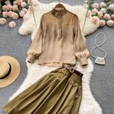 Purpdrank - Autumn Winter Women Two Piece Sets Stand Collar Puff Sleeve Ruffled Tops and Empire Slim Skirt with Belt Office Lady Suits