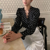 Purpdrank  Polka Dots Women's Blouse Spring Elegant Lace Patchwork Long Sleeve Single Breasted Korean Blouses Female