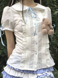 Purpdrank  Summer Japanese Kawaii Sweet Print Lolita Short Sleeve Shirt Women's Fashion Cute Doll Collar Shirt Casual Elegant Bow T-Shirts