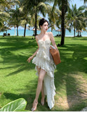 Purpdrank  Apricot Ruffles Dress Women Sexy Summer Spaghetti Strapped Evening Dresses Ladies Asymmetry Elegance Party Vestidos