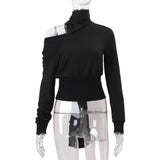 Purpdrank  New Autumn Fashion Black T Shirt Women Elegant Turtleneck Exposed Long Sleeve Slim Fit Casual Female Shirt Tops